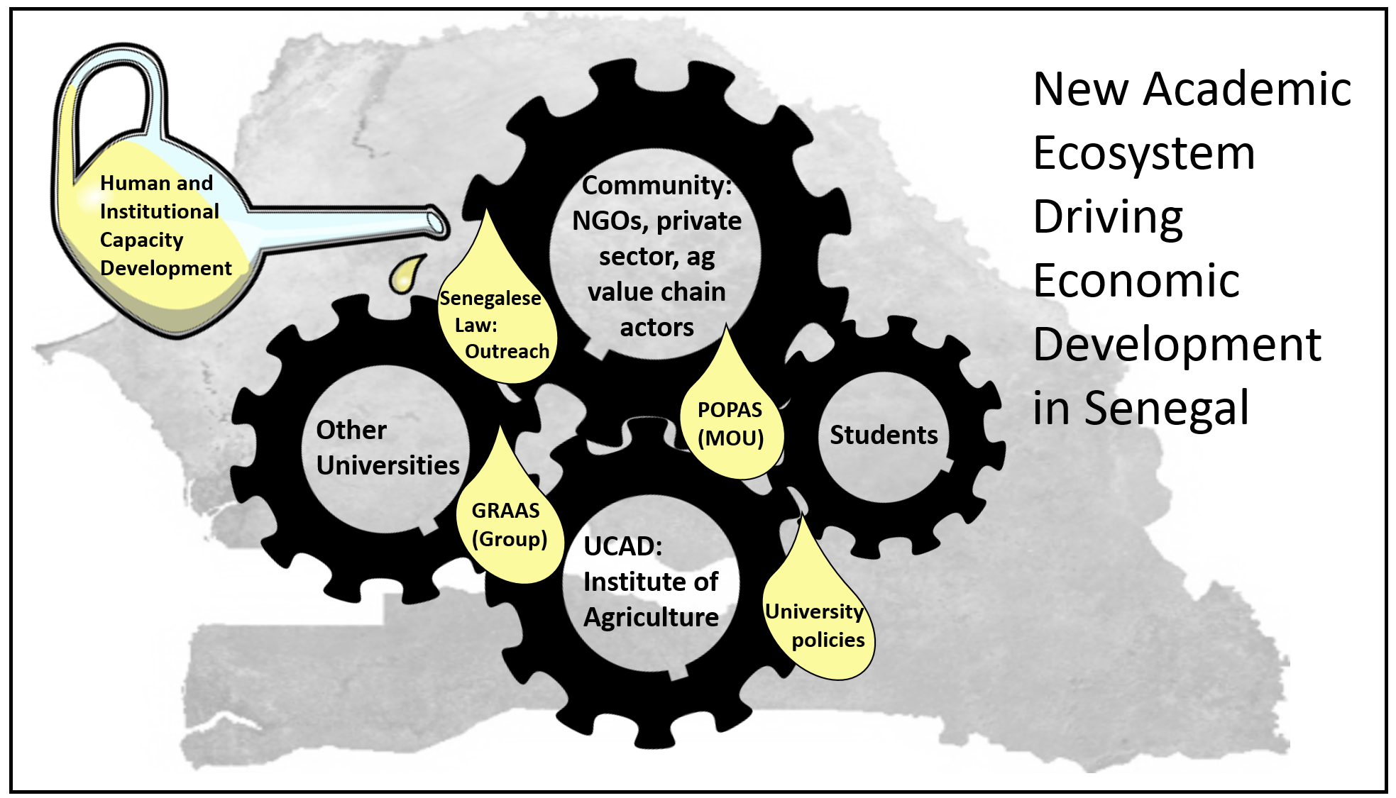 New Academic Ecosystem Driving Economic Development in Senegal; map of Senegal in background; oil can labeled Human and Institutional Capacity Development dripping oil drops on gears of UCAD, other universities, community and students.